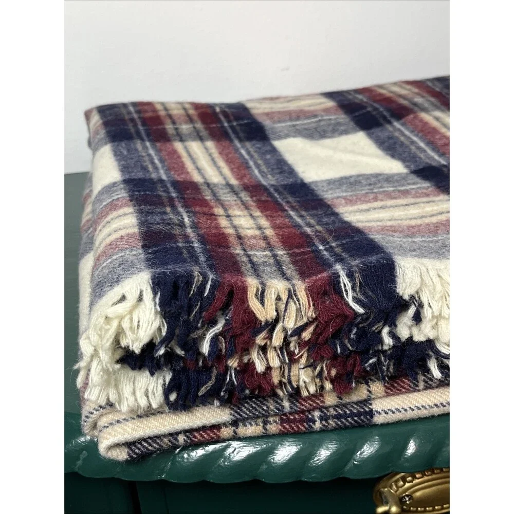 Vintage James Dalgliesh Burgundy Navy Blue Plaid 100% Wool Throw Blanket UK